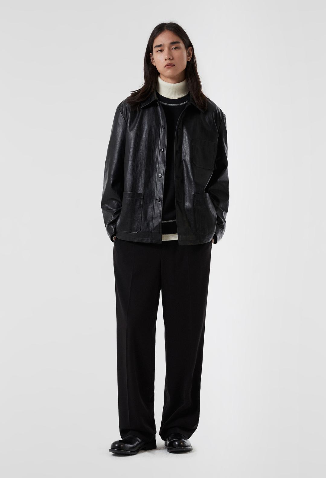 포 포켓 비건 레더 자켓 블랙