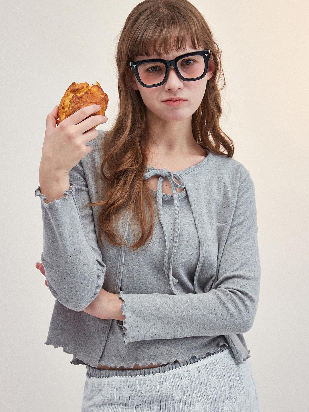 리본 펀칭 가디건 [그레이]