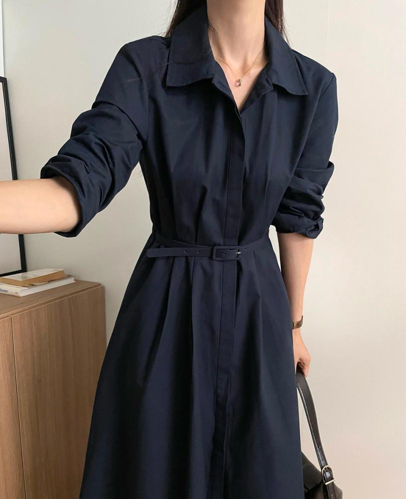 르뱅 가을 트렌치 카라 셔츠 벨트 하객룩 롱 원피스