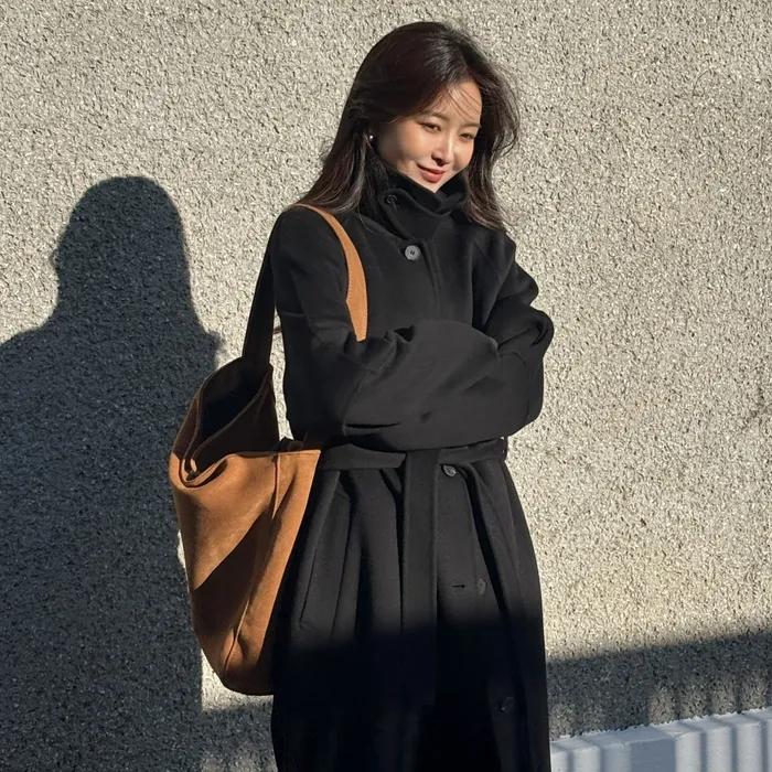 Cashmere Wool Blend Balmacaan Long Coat Black AT5COF059BK