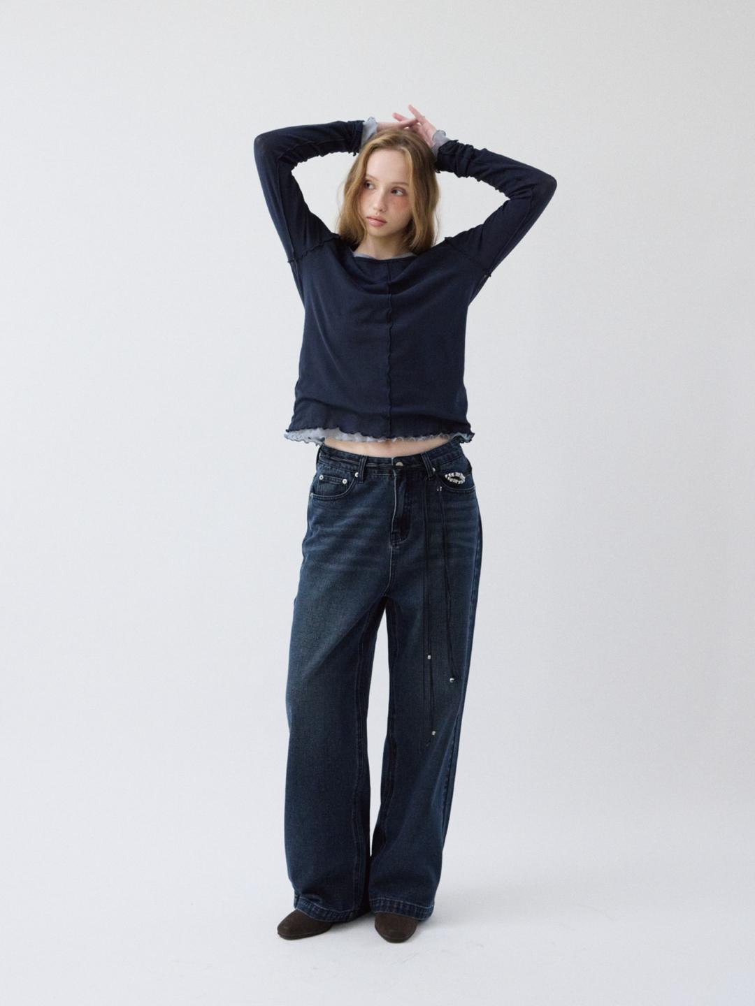 Pendant Wide Denim Pants (Dark Blue)