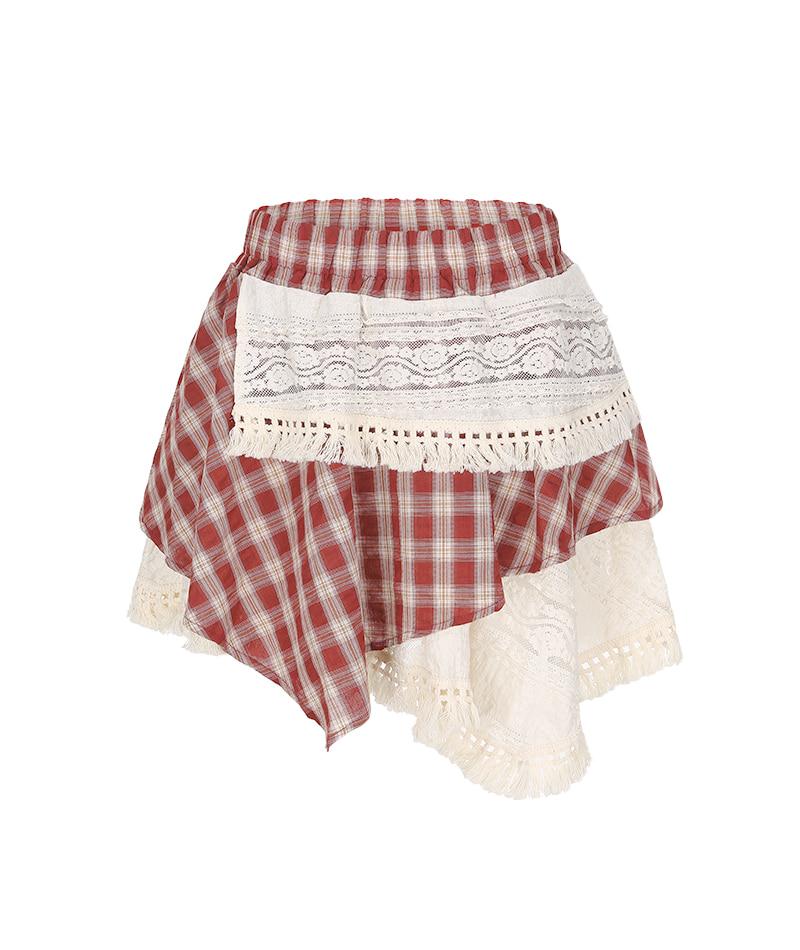 루비 체크 레이스 스커트