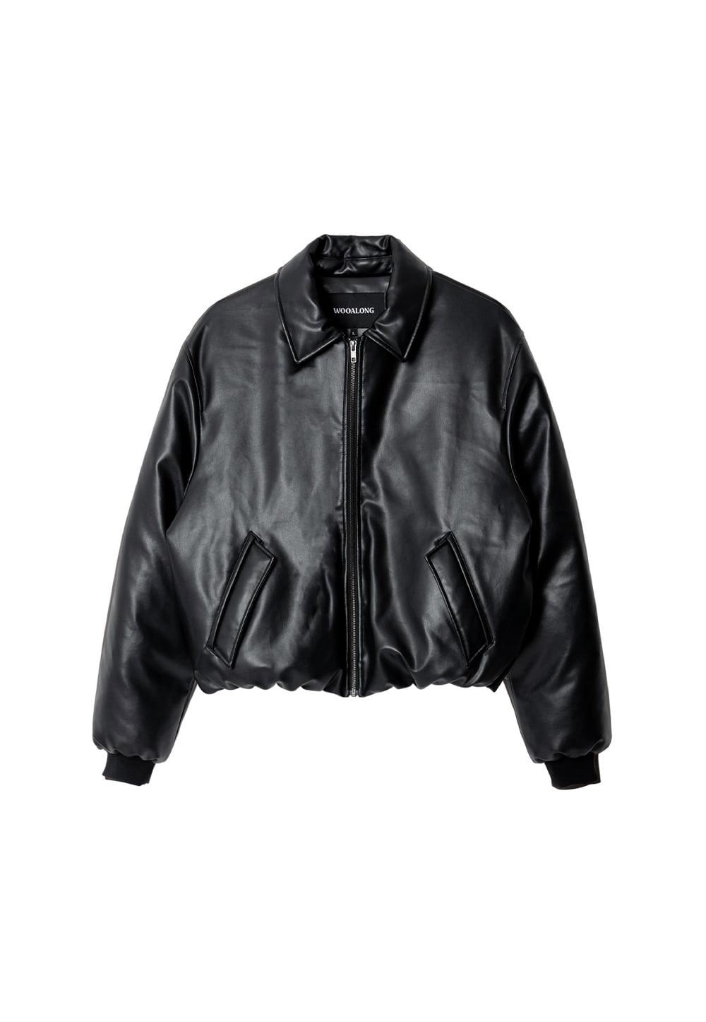 Leather padding bomber jacket - BLACK