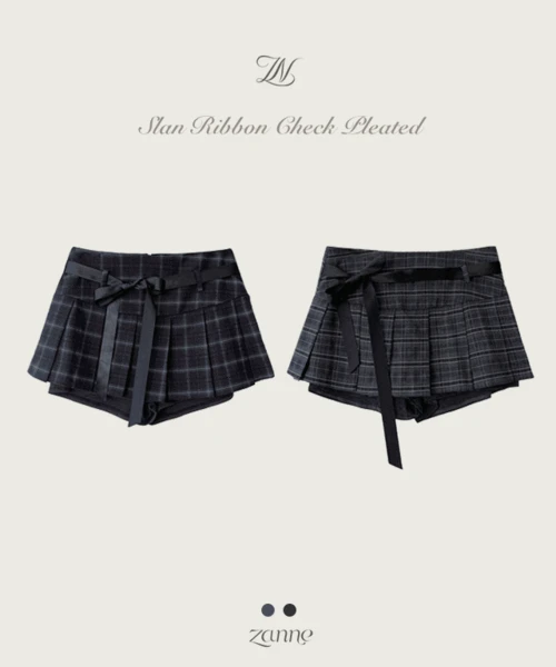 슬랜 리본 체크 울 플리츠 스커트