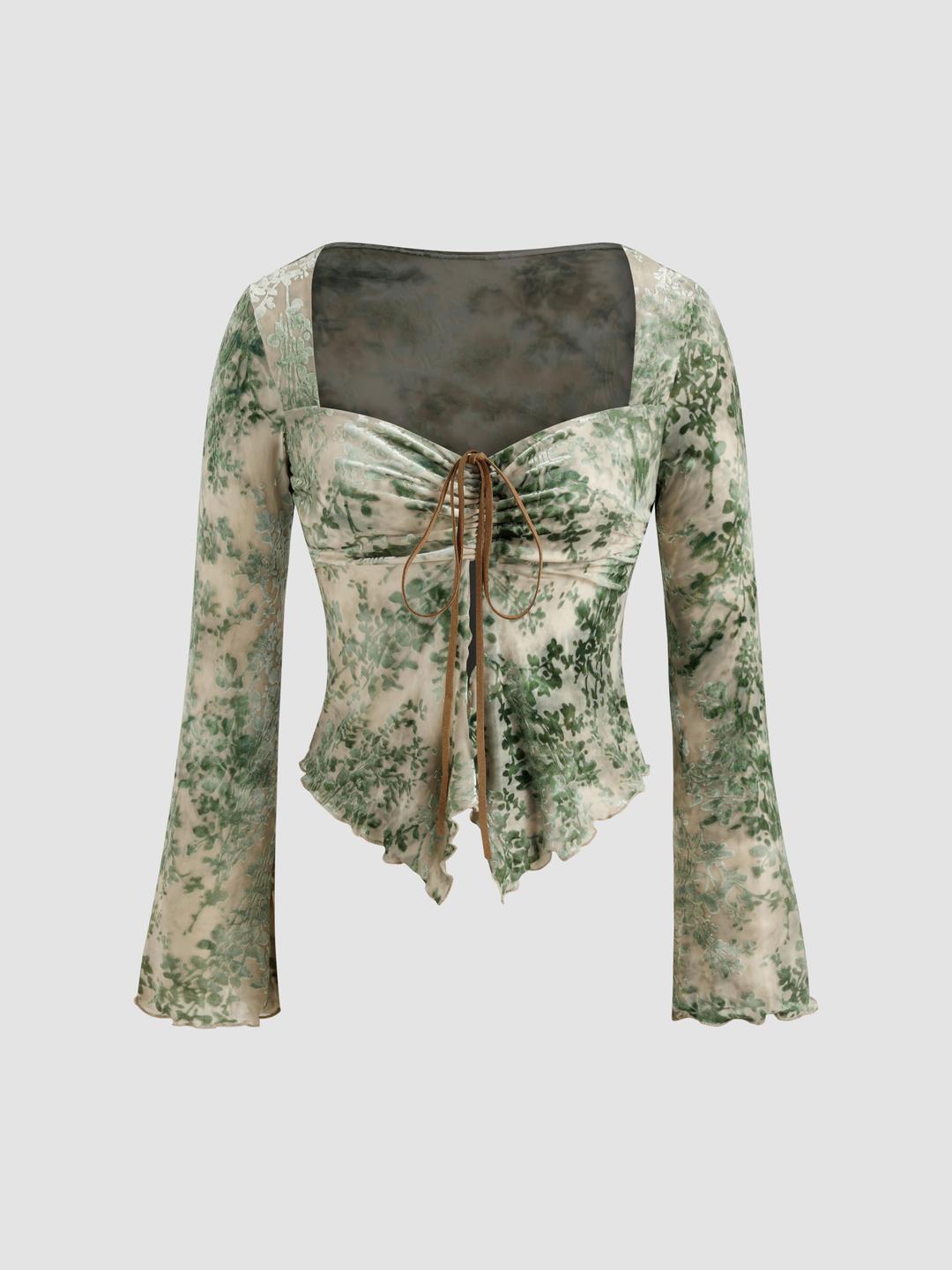Sweetheart Neckline Floral Lettuce Trim Knotted Long Sleeve Top