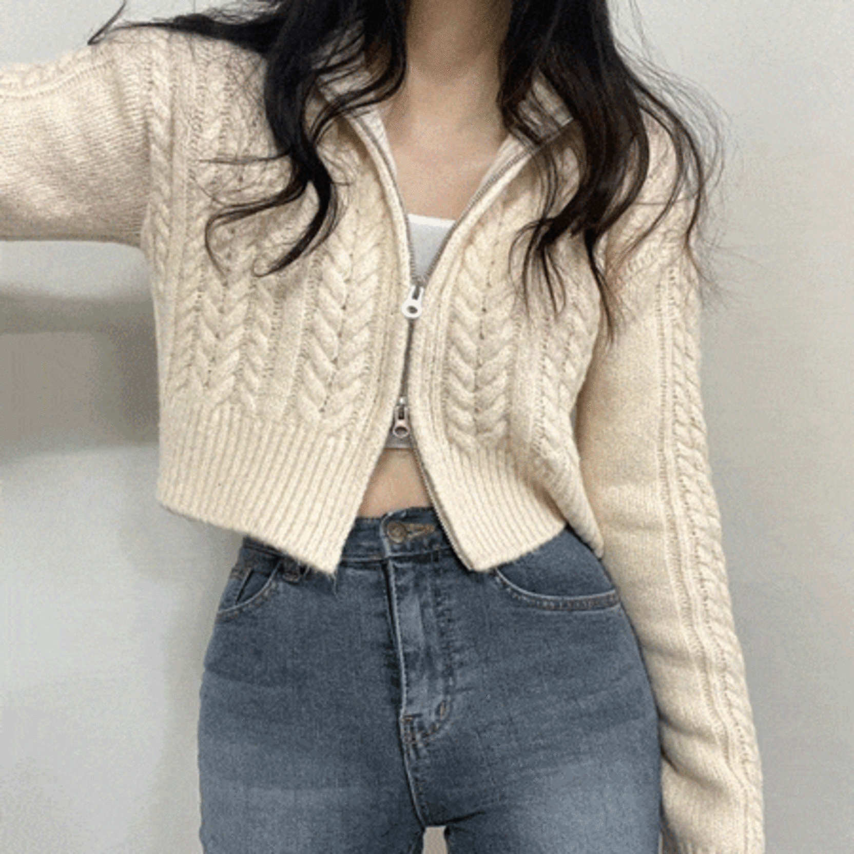 투웨이 꽈배기 크롭 니트 가디건 집업