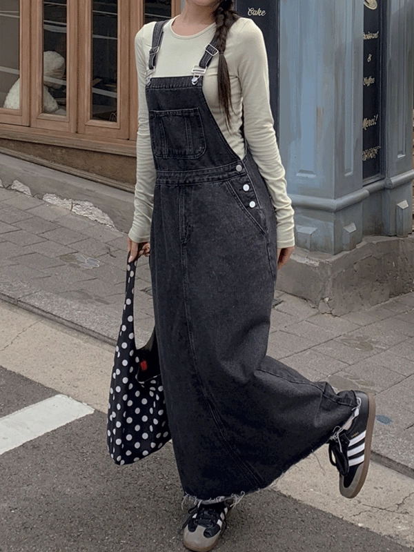 멜빵 맥시 데님 롱원피스