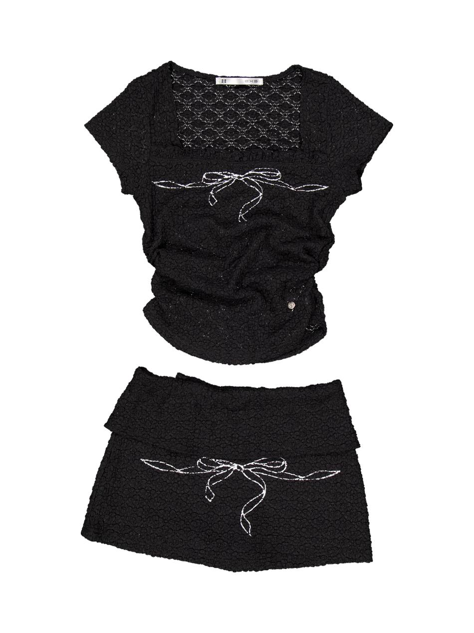 BOW TOP & SKIRT PANTS SET / BLACK