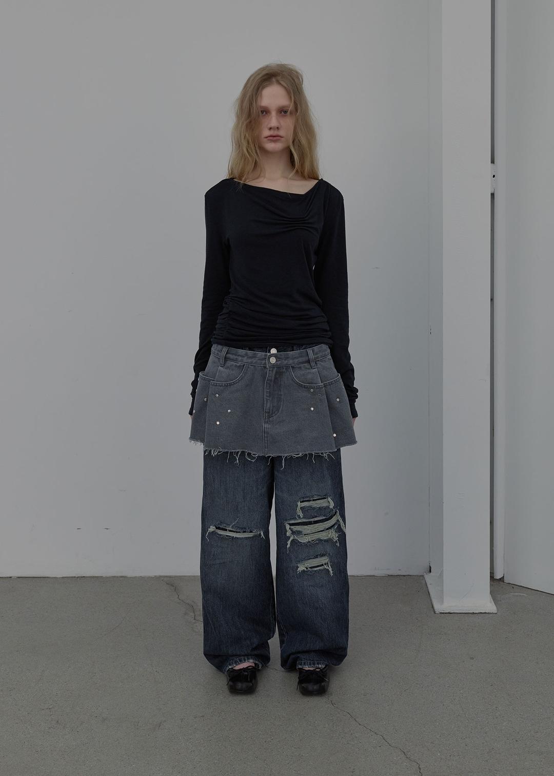 RAW-CUT STUD DENIM SKIRT (GREY)