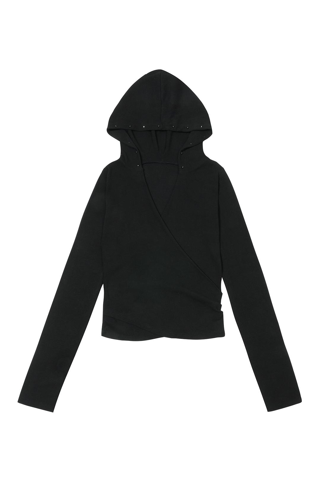RIVET HOODIE SHIRRING ROBE TOP BLACK