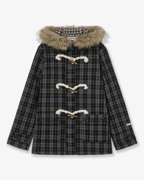 FUR HOOD DUFFLE COAT [CHECK BLACK]