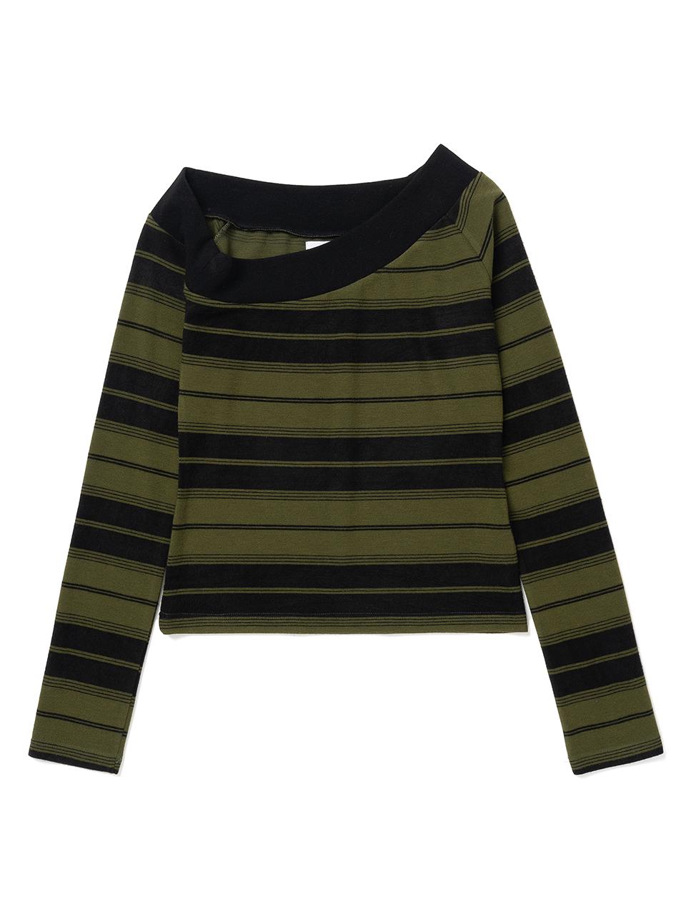 One Shoulder Striped T-shirt [Deep Green]