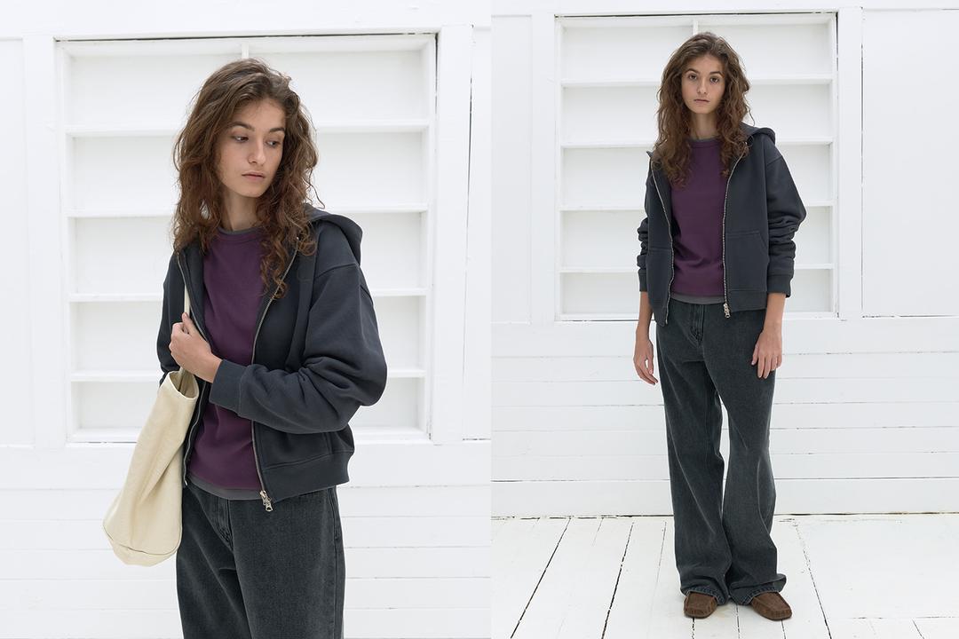 Washed vintage hoodie zip-up (charcoal)