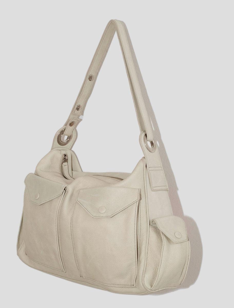 BELINDA-Ecru soft leather bag with exterior pockets and adjustable handle
