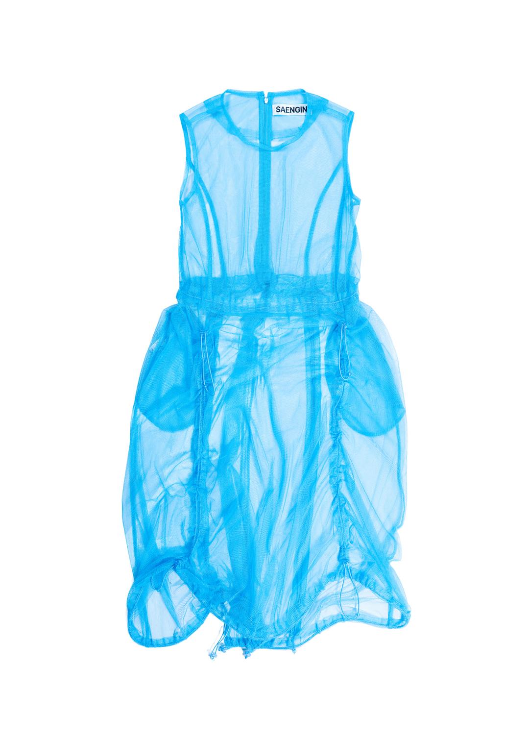 TULLE SHIRRING STOPPER DRESS - BLUE