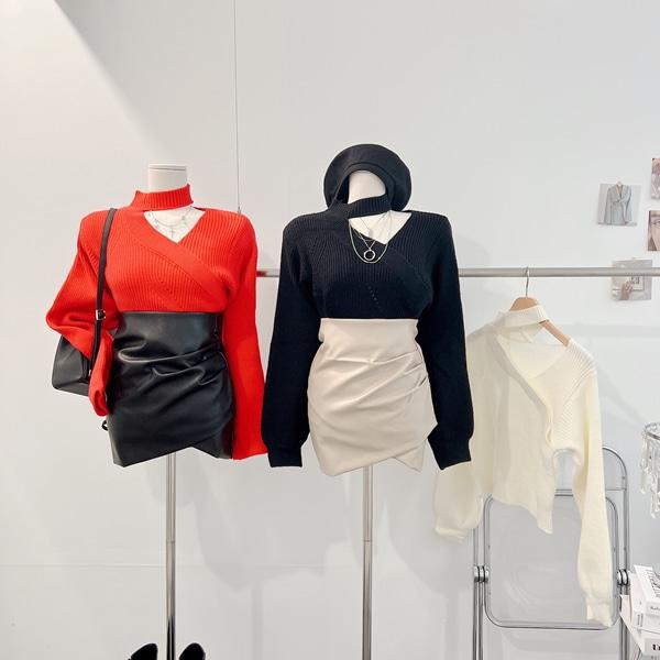 이프유마인 *당일발송* [예쁨한도초과~/연말룩!] 메리 크롭 랩 오프숄더 트임 초커 니트 [3color]