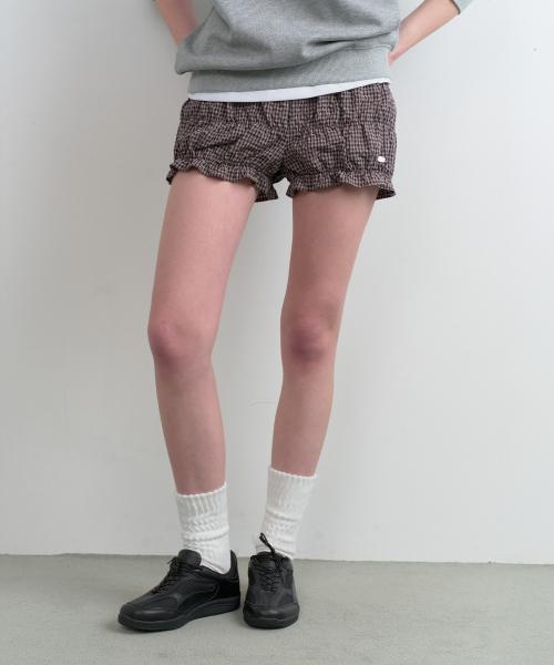 CHECK SHIRRING SHORT PANTS DEEP BROWN