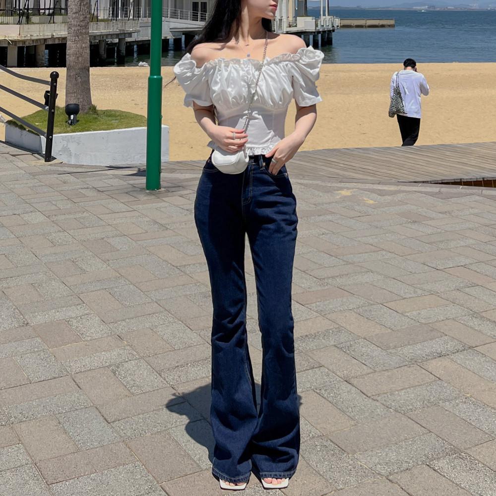 [진짜예뻐ㅠㅠ💖롱다리] 스티치 인디고 사계절 하이웨스트 롱 부츠컷 청바지 데님 세미 슬림 부츠 와이드 팬츠 딥 진청 S M L