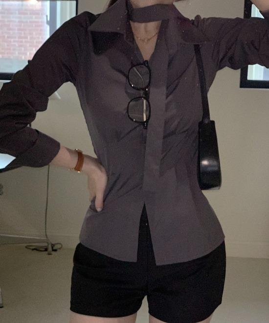 [하이퀄리티/타이set🖤] 허리잘록 핀턱 슬림핏 탄탄 긴팔 셔츠