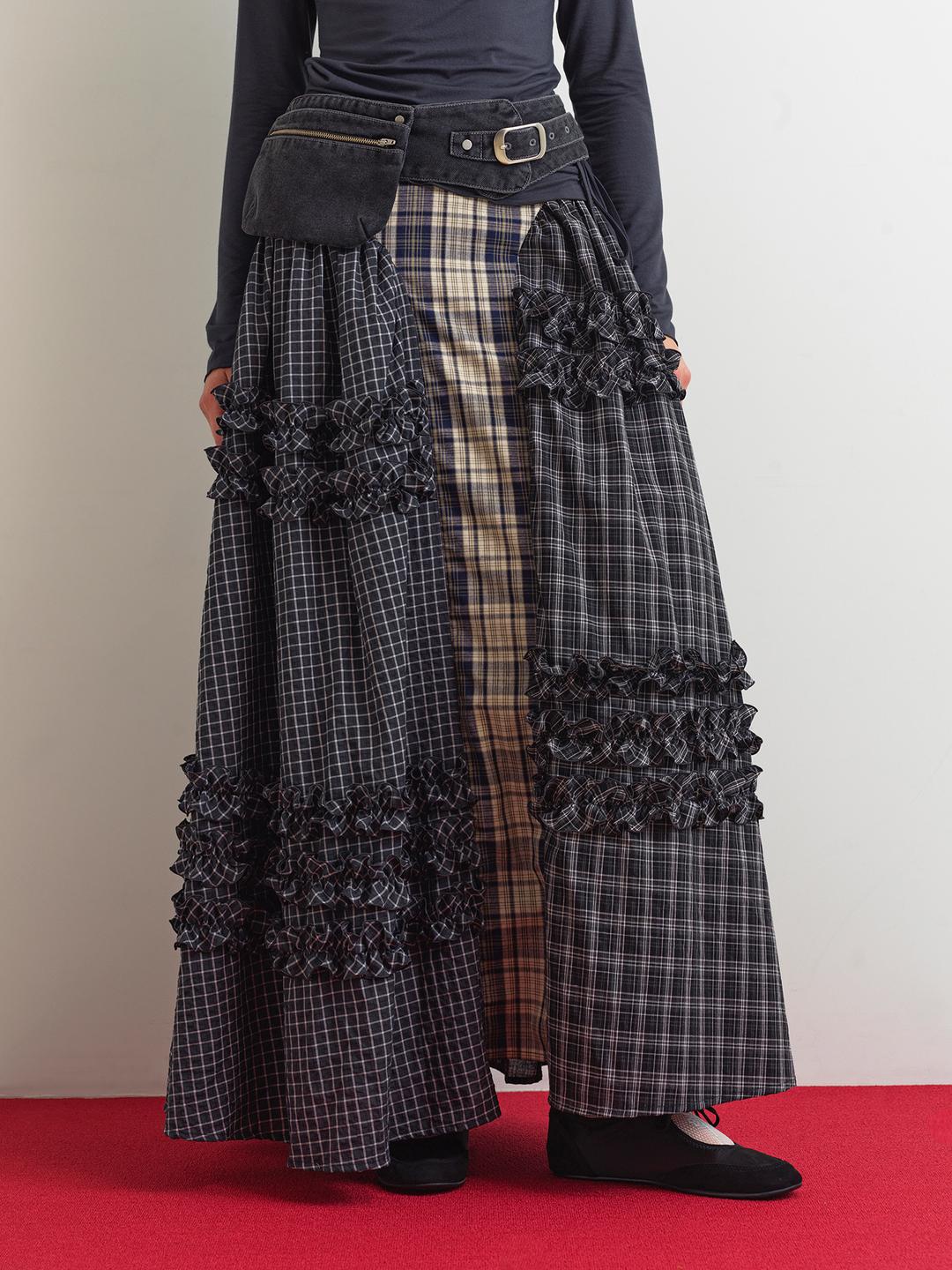 [3rd Reorder] UNBALANCE FRILL MAXI SKIRT - CHECK