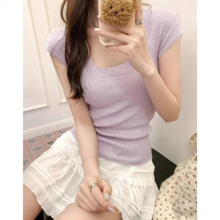 U넥 퓨어디자이너 얇은 니트 반팔 티셔츠 여성 여름 스트레이트 숄더 슬림핏 화이트 숏 바텀 스몰 탑