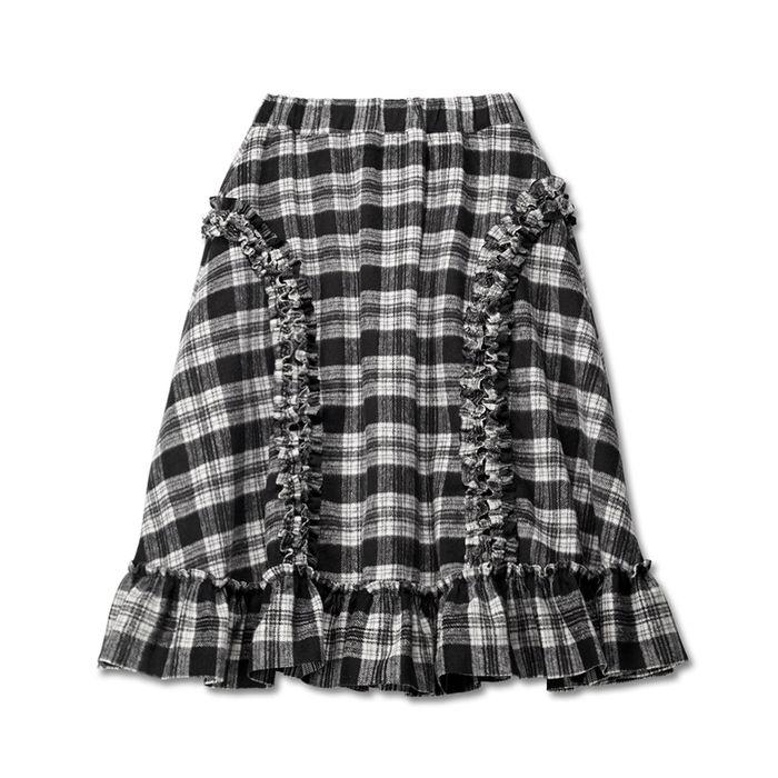 RUFFLE WOOL SKIRT - BLACK CHECK