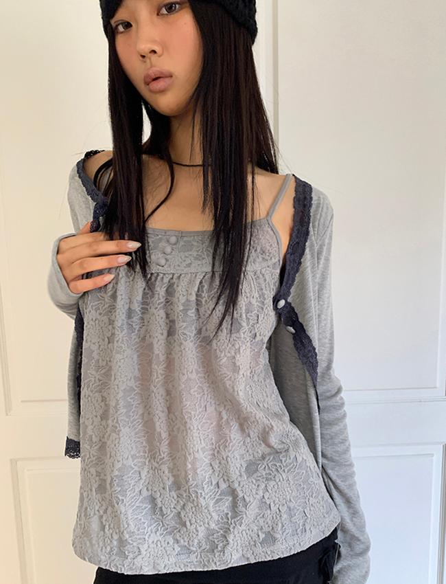 더에펠 러드 플라워 레이스 슬리브리스 (3color)