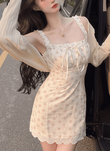 [세트/단품] 세뮤 플라워 프릴 리본 민소매 H라인 뷔스티에 슬림핏 여리 미니 원피스 얇은 긴팔 볼레로 봄 여름 데이트룩 벚꽃룩 꽃놀이 투피스