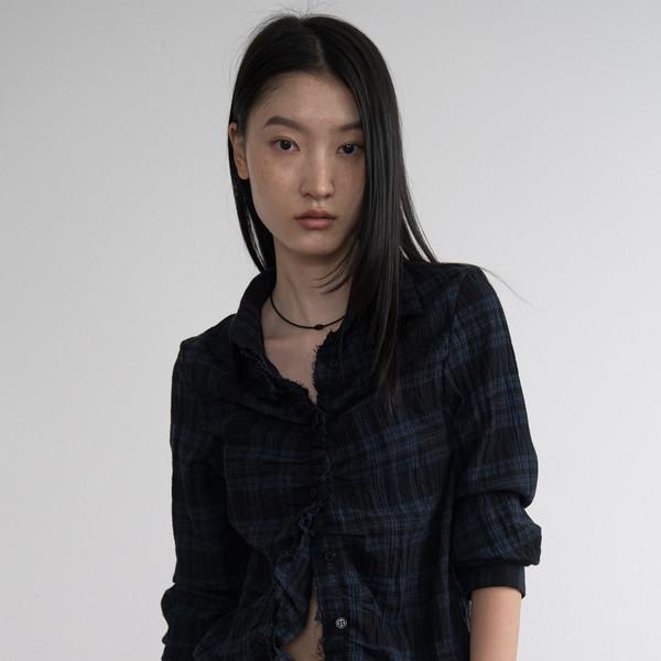 Damage Checkered Short Shirt (Navy)