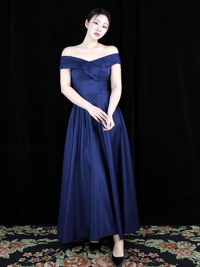 네이비 미카도 오프숄더 셀프웨딩드레스(S-4XL코르셋) 빅사이즈 연주회 콩쿨 2부 피로연