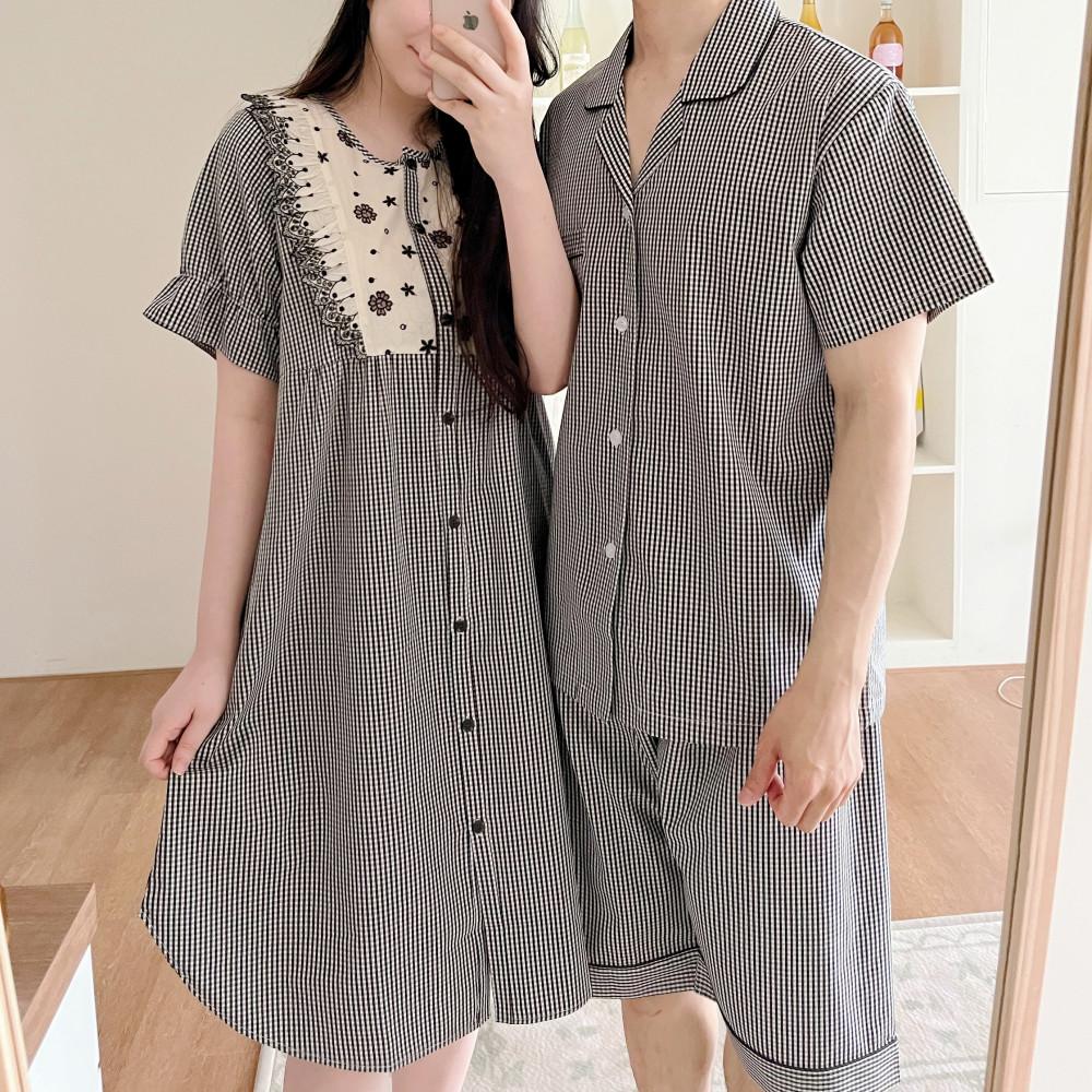 국산 순면 커플 잠옷 순면 여름 클래식 블랙 신혼 빅사이즈 파자마