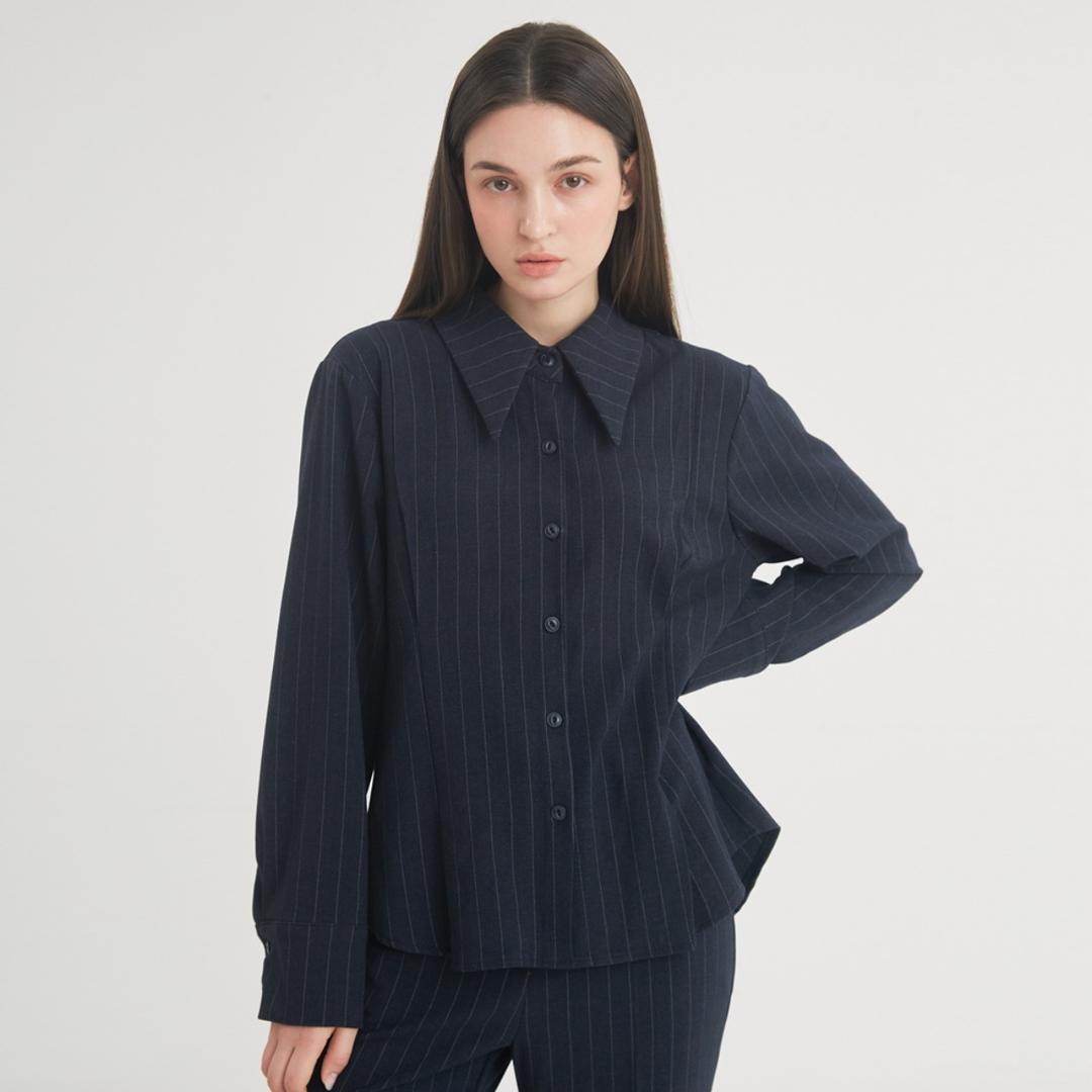 Wool Stripe Pintuck Shirt (Navy)