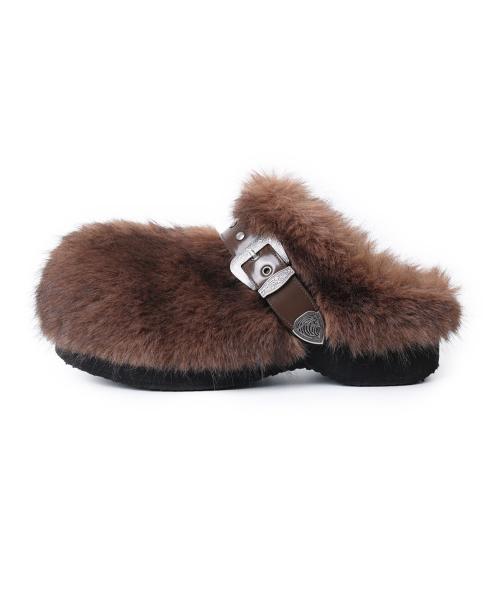 Buckle Fur Clog_[Brown]