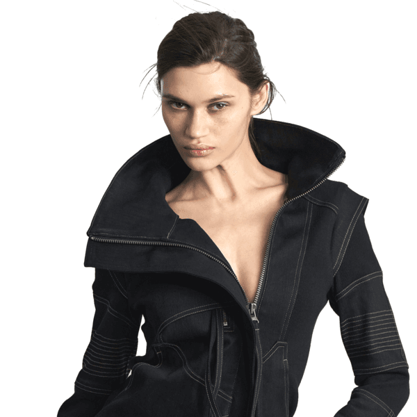 ARC LINE HIGH NECK JACKET IN BLACK DENIM