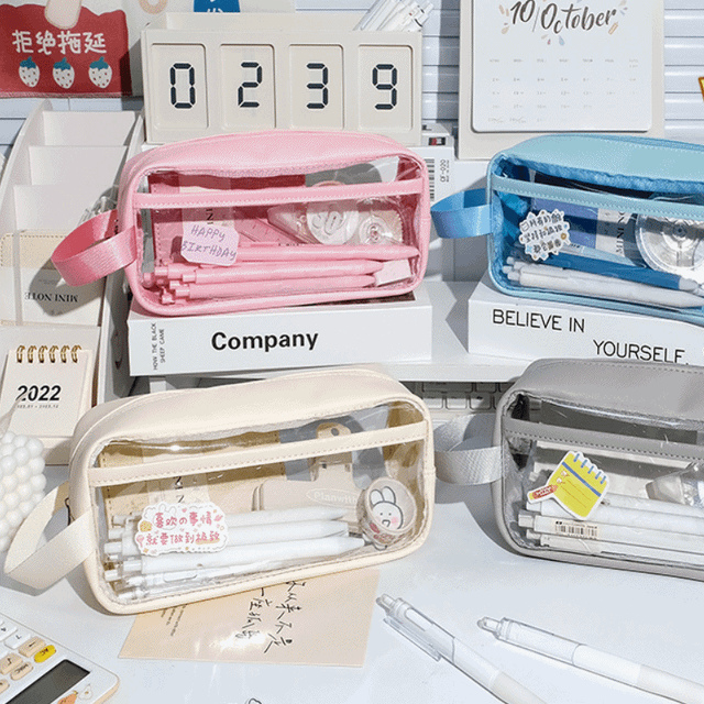 스트랩 pvc 대용량 필통 , 새학기 투명 파우치 심플 필통