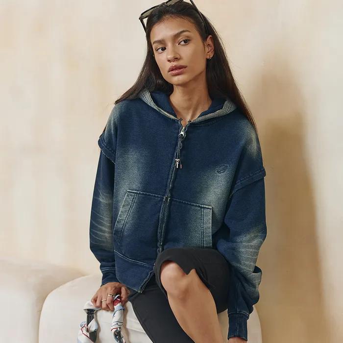 Denim Washing Hood Zip Up-Blue
