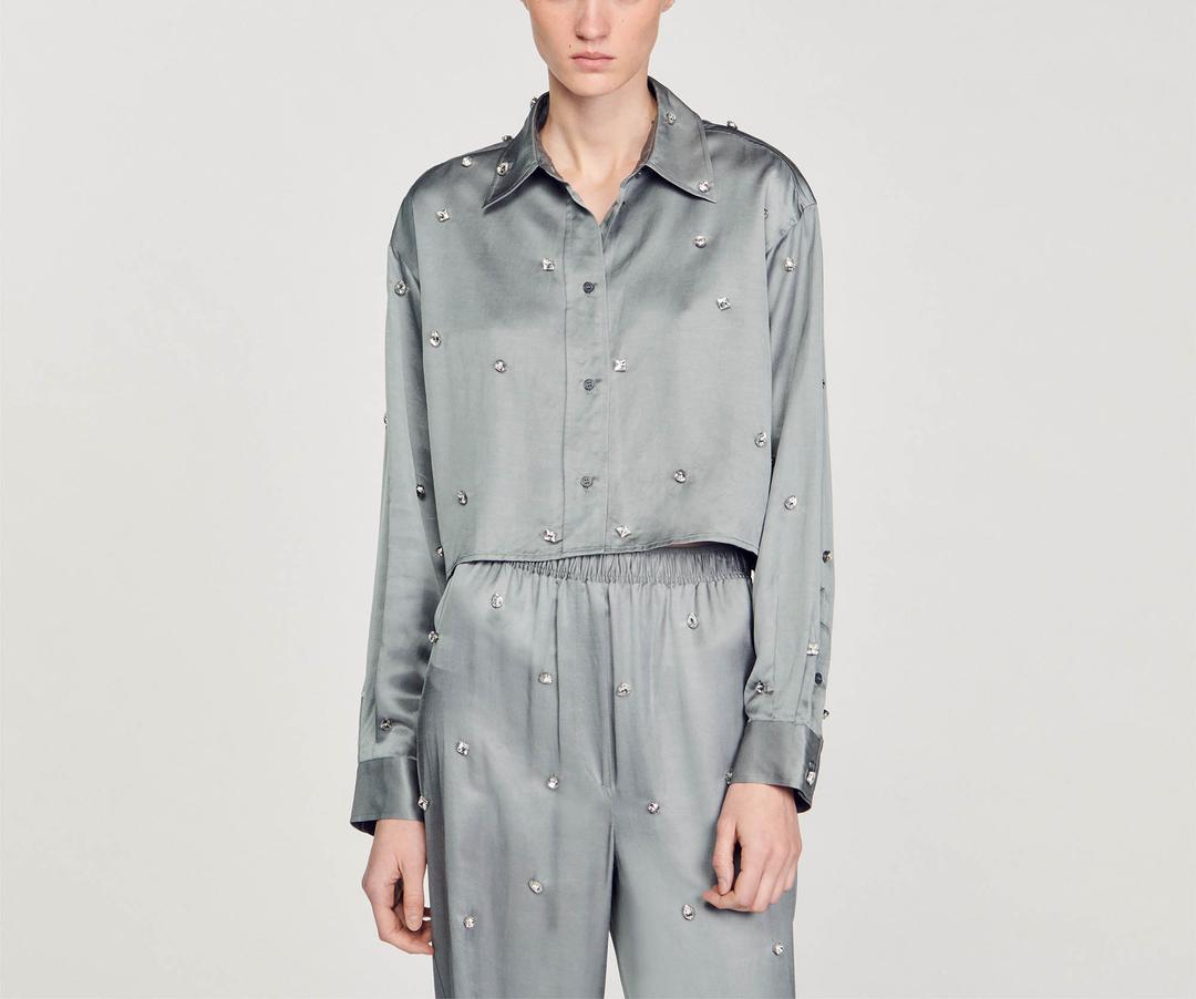 라인스톤 자수 새틴 셔츠