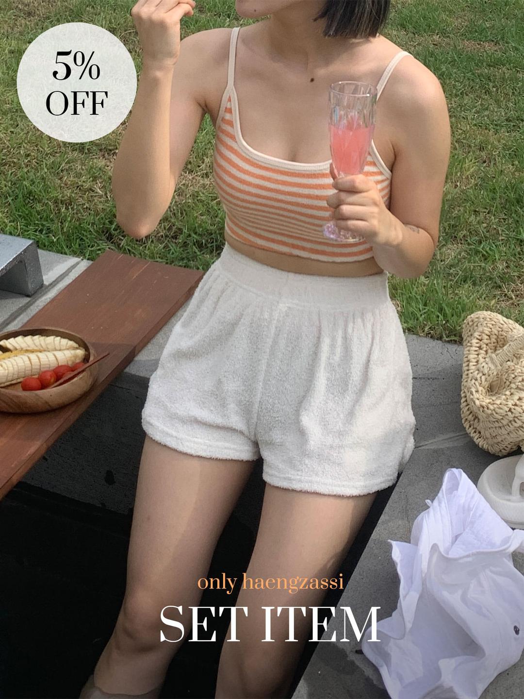 [세트] 로디 테리 스트라이프 비키니 오렌지 + 마롱 테리 숏 팬츠 화이트