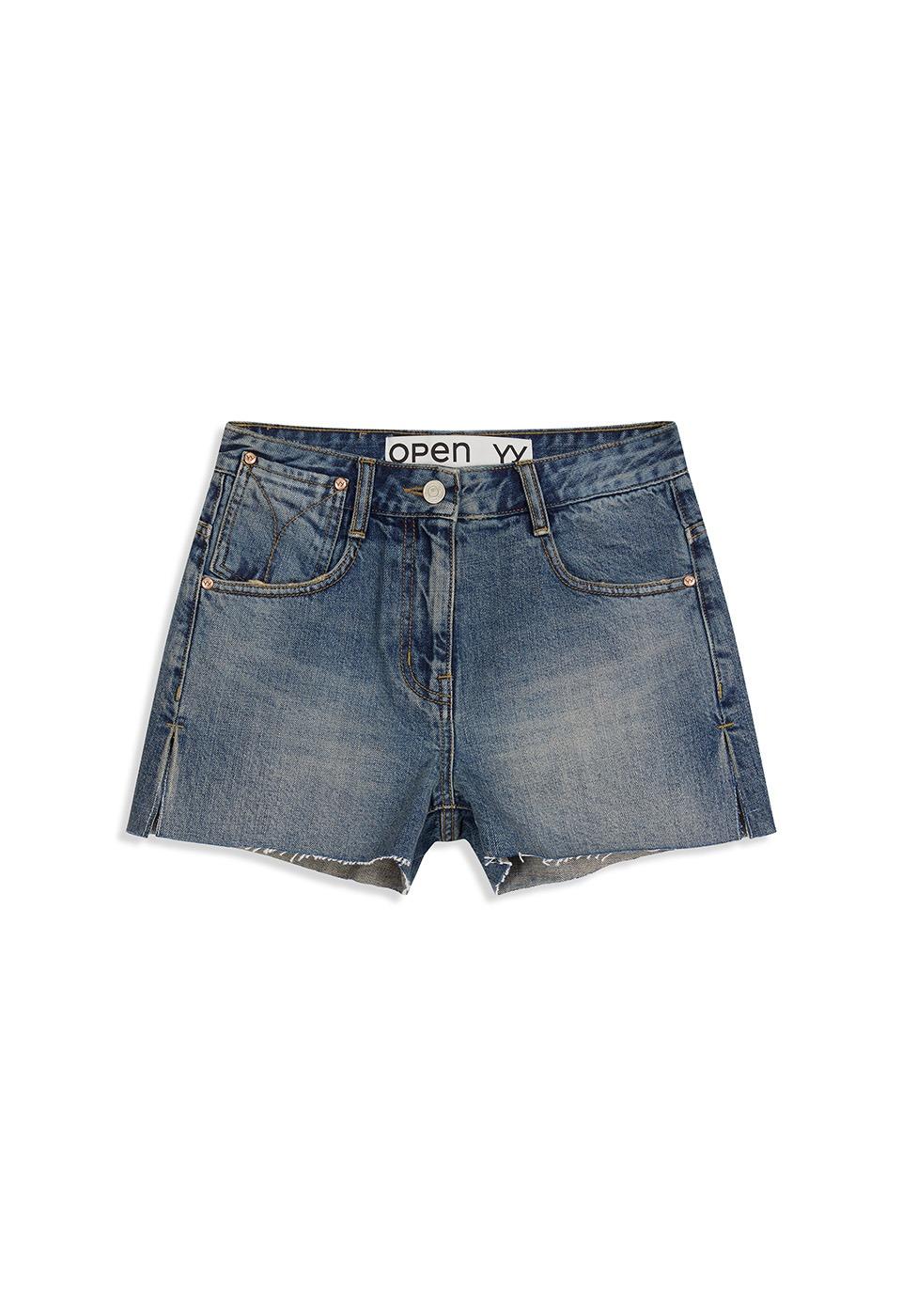 SLIT DENIM SHORTS, DARK BLUE