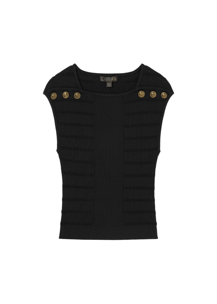 여성 금속 버튼 보트넥 스웨터 나시_BLACK | 게스코리아