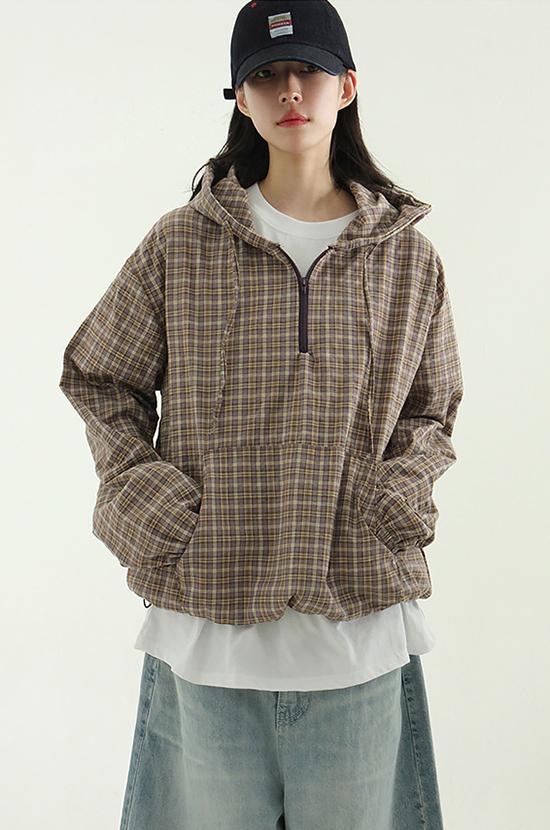 check zip-up neck hood anorak