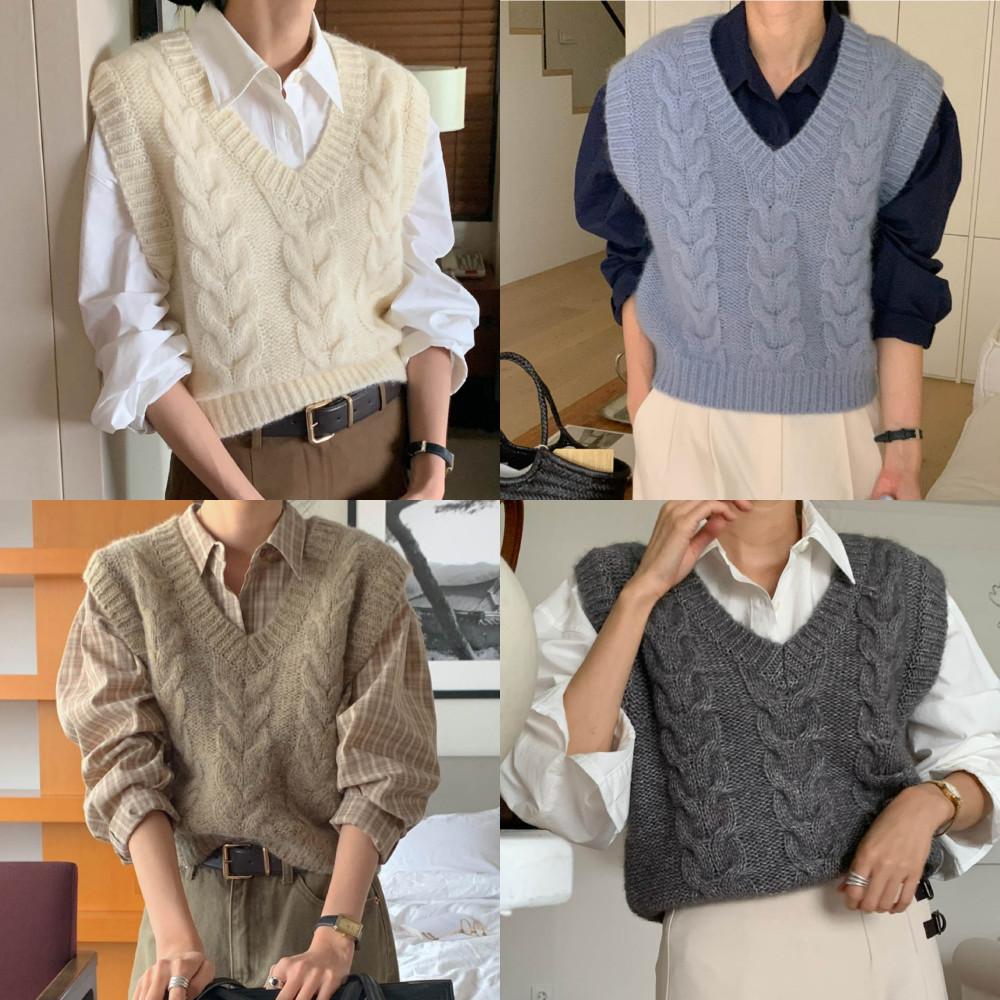 시그니처 프렌치 조끼 여성 가을 꽈배기 브이넥 베스트 4color