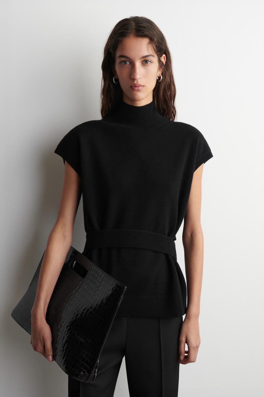 BELT-DETAIL FUNNEL-NECK WOOL VEST - BLACK | COS