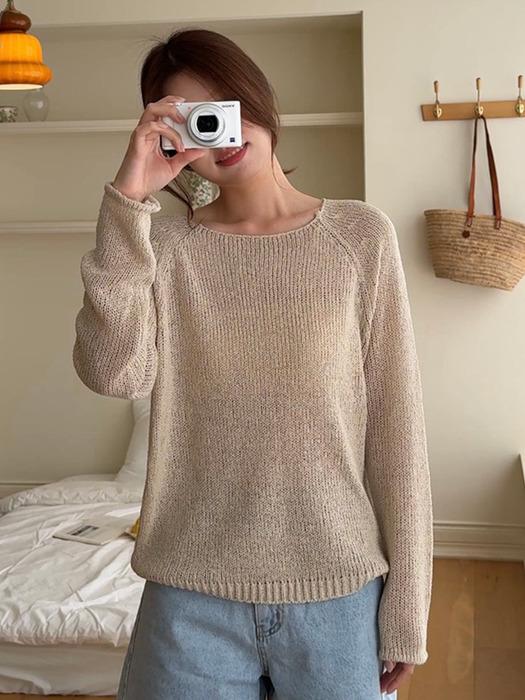Boat Neck Bookle Netted Knit Top - Light Beige