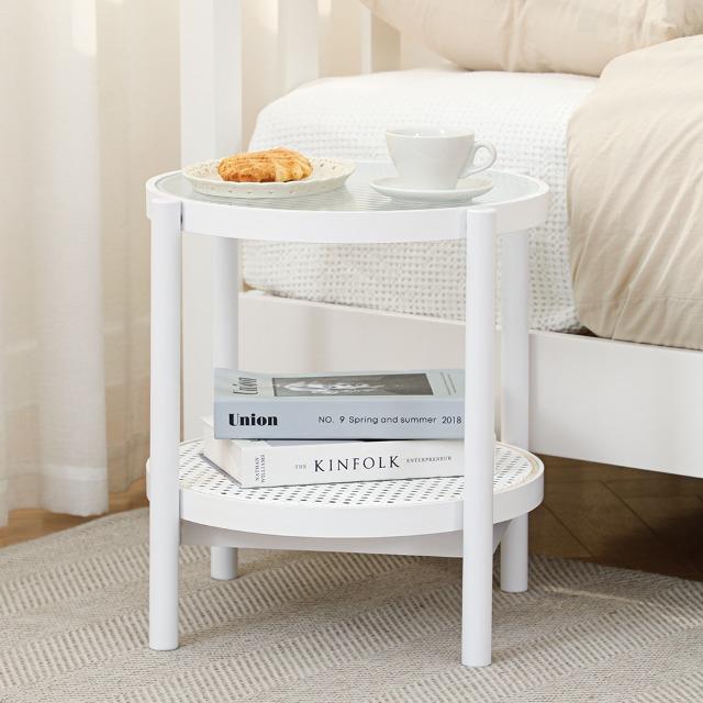 [스크래치A등급]대나무 모루유리 라탄 협탁 (화이트)