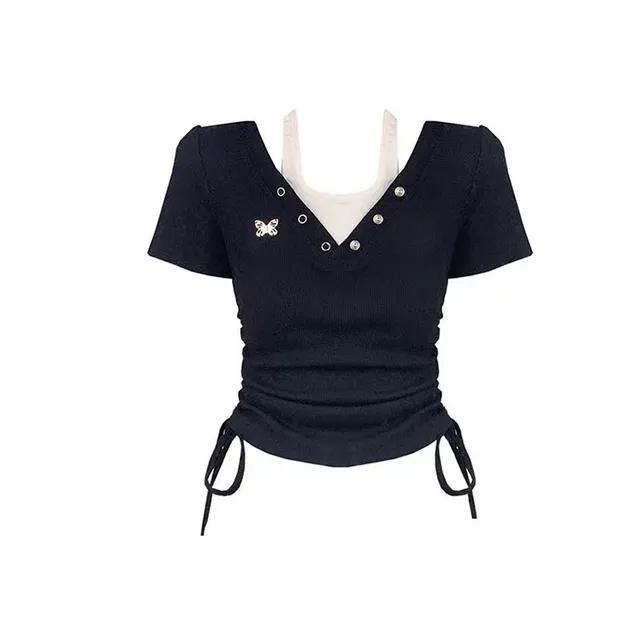 레이어드 나시 나비 버튼 크롭 반팔 셋업