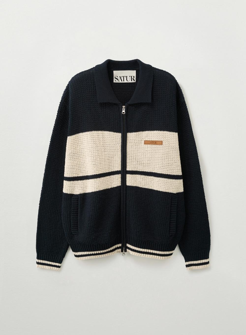 Color Block Knit Zip-up - Navy