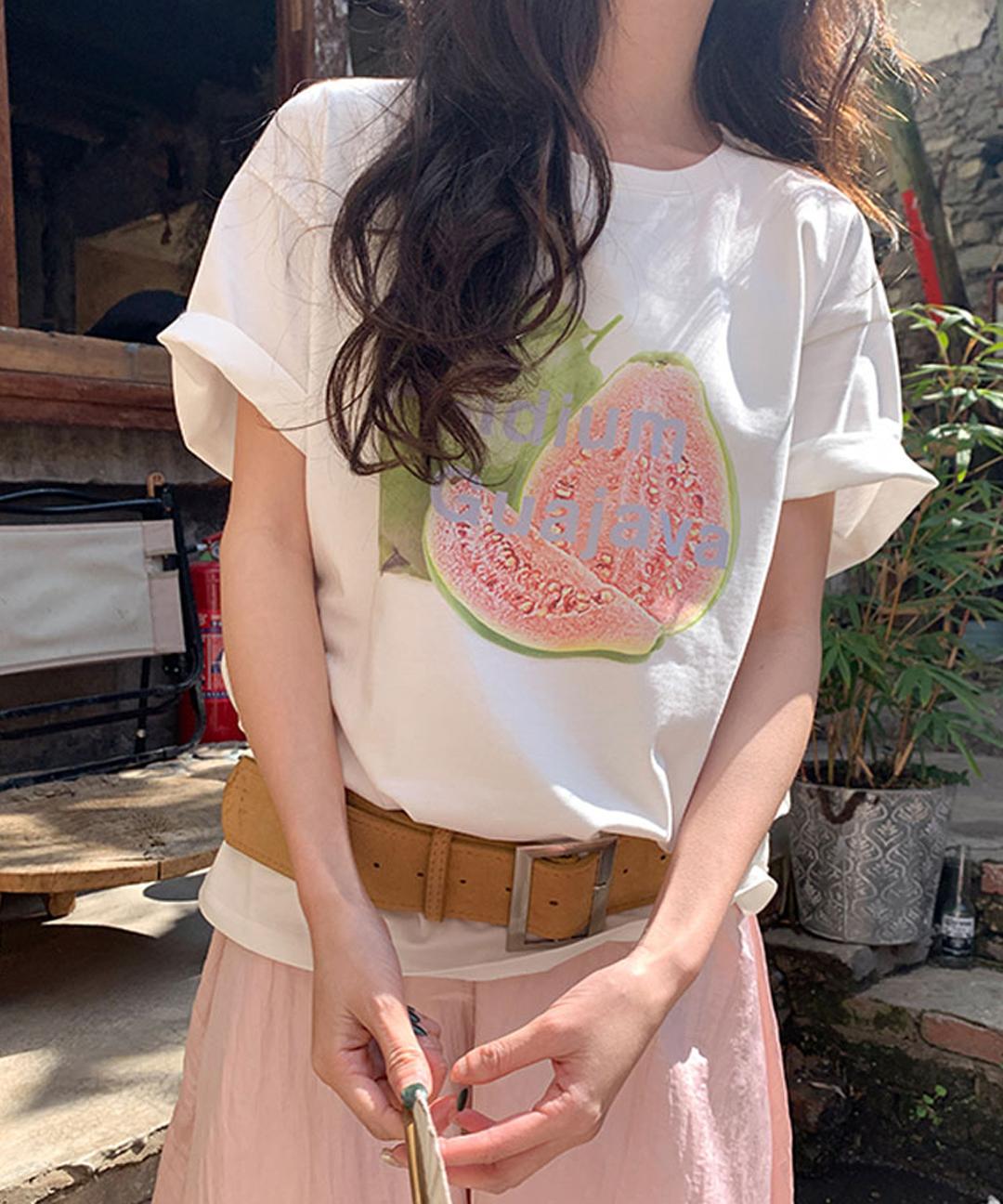 미즈민 [🌴스프링 썸머룩/화이트 라운드/상큼발랄/Fruit👍퀄보장/쾌적한 촉감🚛무배]프루 구아바 티셔츠 s161926