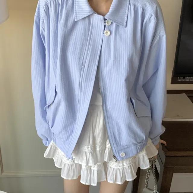 스트라이프 루즈핏 봄 카라 집업 블루종 점퍼