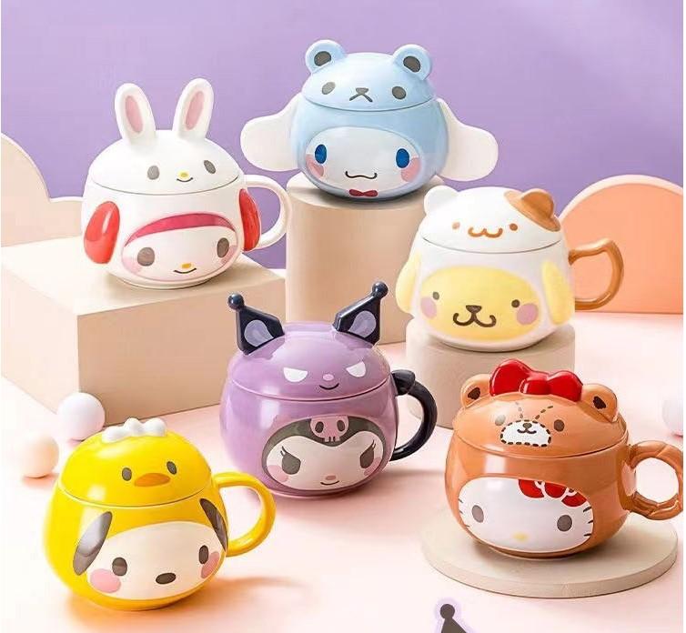 산리오 프렌즈 입체 뚜껑 머그컵 450ml-헬로키티,쿠로미,마이멜로디,시나모롤,폼폼푸린,포차코